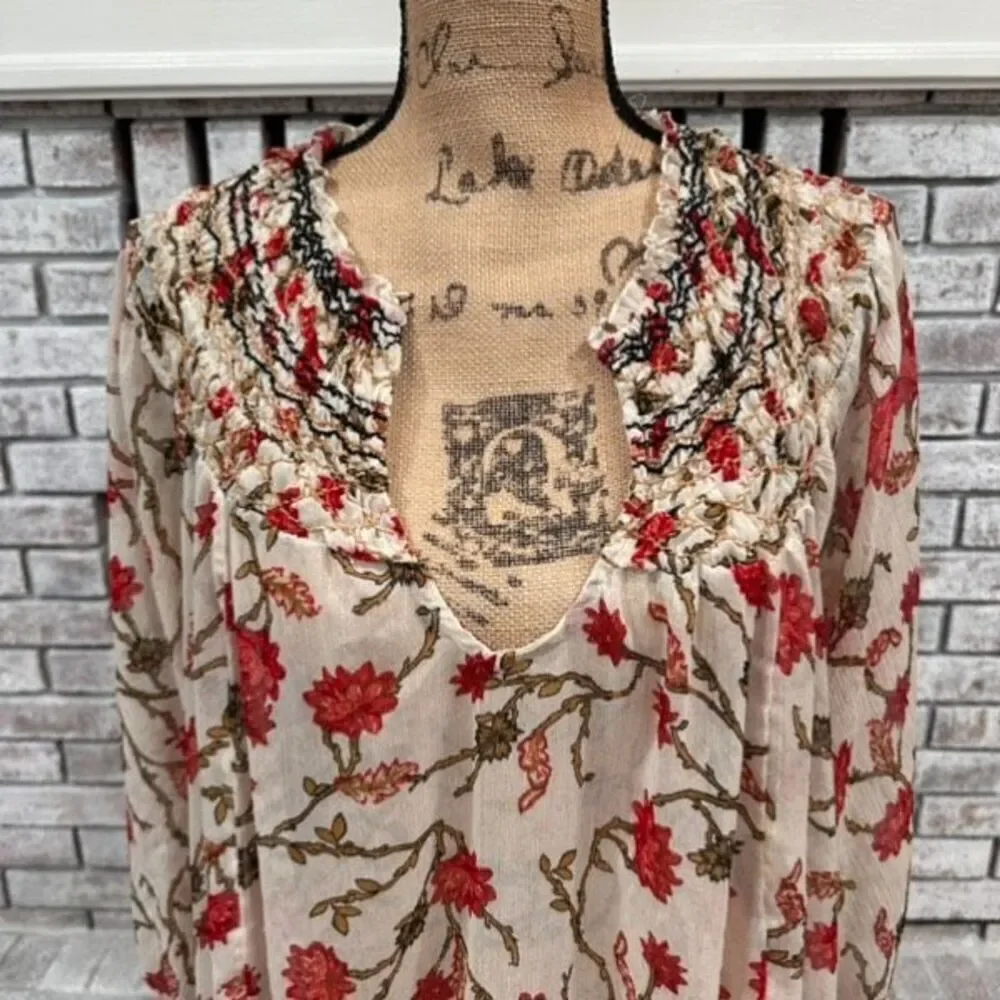 Free People Women's Keeping Up With Kara Floral Tunic Top Ivory Red Size Medium‎